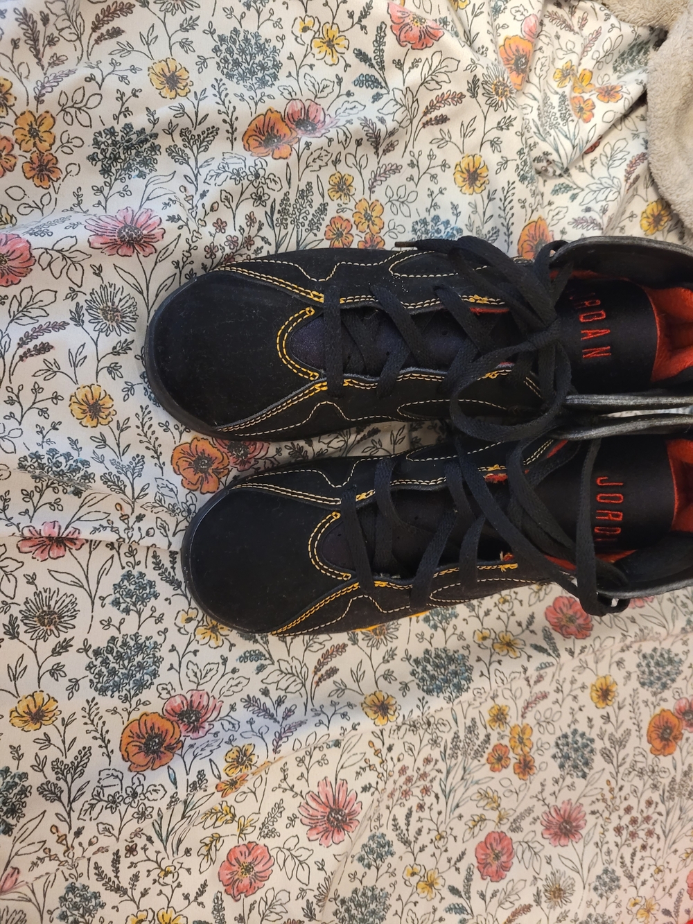 Jordan Kids Black Sneakers with Orange Interior and Yellow Stitching